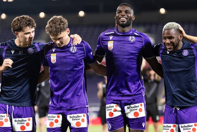 SOCCER - UEFA ECL, A.Wien vs Liepaja VIENNA,AUSTRIA,30.JUL.26 - SOCCER - UEFA Conference League, qualification, Austria Wien vs FK Liepaja. Image shows the rejoicing of Moritz Wels, Matteo Schablas, Ibrahim Buhari and Abdoulaye Kante (A.Wien).  GEPAxpictures xArminxRauthner
