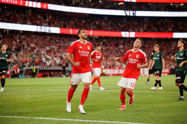 Vangelis Pavlidis seen celebrating after scoring goal during UEFA Europa League qualifying game between teams of SL Benfica and St. Gallen (Maciej Rogowski Ball Raw Images PT) Lisbon Estadio Da Luz Portugal Copyright: xMaciejxRogowskix maciejrogowski_slbenfica_stgallen_2627-3