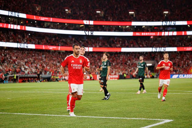 Vangelis Pavlidis seen celebrating after scoring goal during UEFA Europa League qualifying game between teams of SL Benfica and St. Gallen (Maciej Rogowski Ball Raw Images PT) Lisbon Estadio Da Luz Portugal Copyright: xMaciejxRogowskix maciejrogowski_slbenfica_stgallen_2627-4