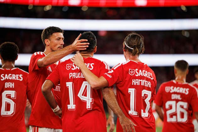 Clement Lenglet, Vangelis Pavlidis and Jakub Kaminski seen celebrating after scoring goal during UEFA Europa League qualifying game between teams of SL Benfica and St. Gallen (Maciej Rogowski Ball Raw Images PT) Lisbon Estadio Da Luz Portugal Copyright: xMaciejxRogowskix maciejrogowski_slbenfica_stgallen_2627-11