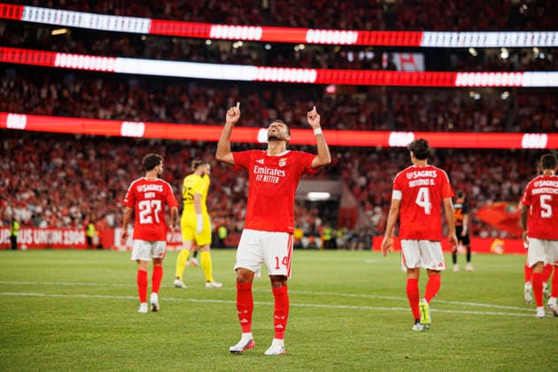 Vangelis Pavlidis seen celebrating after scoring goal during UEFA Europa League qualifying game between teams of SL Benfica and St. Gallen (Maciej Rogowski Ball Raw Images PT) Lisbon Estadio Da Luz Portugal Copyright: xMaciejxRogowskix maciejrogowski_slbenfica_stgallen_2627-18