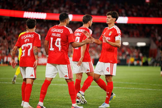 Vangelis Pavlidis and Antoni Silva seen celebrating after scoring goal during UEFA Europa League qualifying game between teams of SL Benfica and St. Gallen (Maciej Rogowski Ball Raw Images PT) Lisbon Estadio Da Luz Portugal Copyright: xMaciejxRogowskix maciejrogowski_slbenfica_stgallen_2627-13