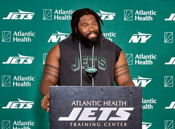 New York Jets defensive linemen Jowon Briggs (91) during press conference, PK, Pressekonferenz at training camp at the Atlantic Health Jets Training Center, Florham Park, New Jersey. CSM Florham Park United States - ZUMAc04_ 20260730_zma_c04_041 Copyright: xDuncanxWilliamsx