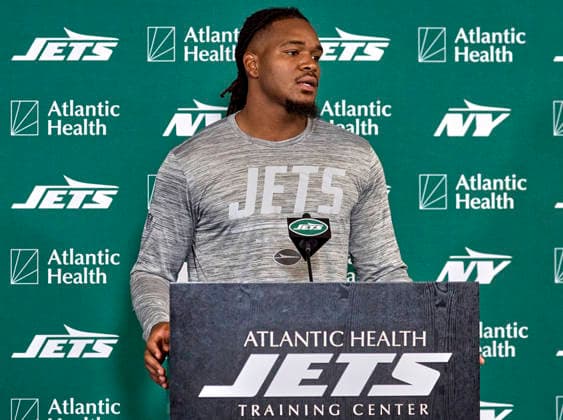 New York Jets offensive linebacker Jamien Sherwood (44) during press conference, PK, Pressekonferenz at training camp at the Atlantic Health Jets Training Center, Florham Park, New Jersey. CSM NFL, American Football Herren, USA 2026: NY Jets Training Camp JUL 30  - ZUMAc04_ 20260730_zma_c04_039 Copyright: xDuncanxWilliamsx