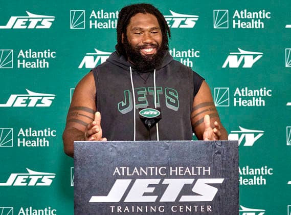 New York Jets defensive linemen Jowon Briggs (91) during press conference, PK, Pressekonferenz at training camp at the Atlantic Health Jets Training Center, Florham Park, New Jersey. CSM Florham Park United States - ZUMAc04_ 20260730_zma_c04_047 Copyright: xDuncanxWilliamsx