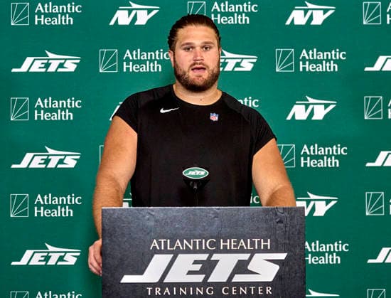 New York Jets offensive linemen Joe Tippmann (66) during press conference, PK, Pressekonferenz at training camp at the Atlantic Health Jets Training Center, Florham Park, New Jersey. CSM Florham Park United States - ZUMAc04_ 20260730_zma_c04_052 Copyright: xDuncanxWilliamsx