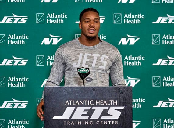 New York Jets offensive linebacker Jamien Sherwood (44) during press conference, PK, Pressekonferenz at training camp at the Atlantic Health Jets Training Center, Florham Park, New Jersey. CSM Florham Park United States - ZUMAc04_ 20260730_zma_c04_057 Copyright: xDuncanxWilliamsx
