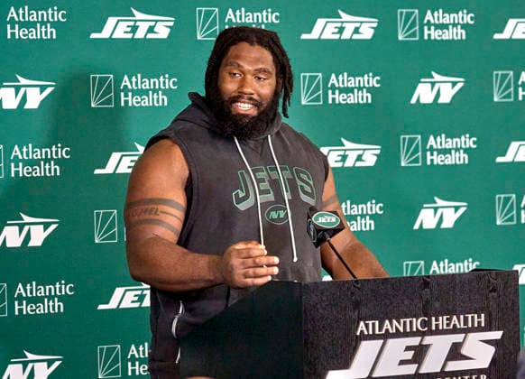 New York Jets defensive linemen Jowon Briggs (91) during press conference, PK, Pressekonferenz at training camp at the Atlantic Health Jets Training Center, Florham Park, New Jersey. CSM NFL, American Football Herren, USA 2026: NY Jets Training Camp JUL 30  - ZUMAc04_ 20260730_zma_c04_053 Copyright: xDuncanxWilliamsx