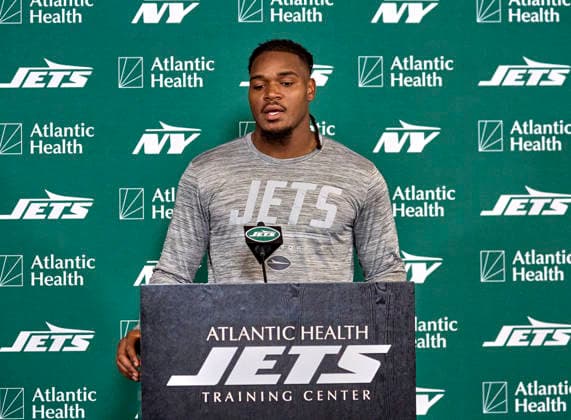 New York Jets offensive linebacker Jamien Sherwood (44) during press conference, PK, Pressekonferenz at training camp at the Atlantic Health Jets Training Center, Florham Park, New Jersey. CSM NFL, American Football Herren, USA 2026: NY Jets Training Camp JUL 30  - ZUMAc04_ 20260730_zma_c04_056 Copyright: xDuncanxWilliamsx