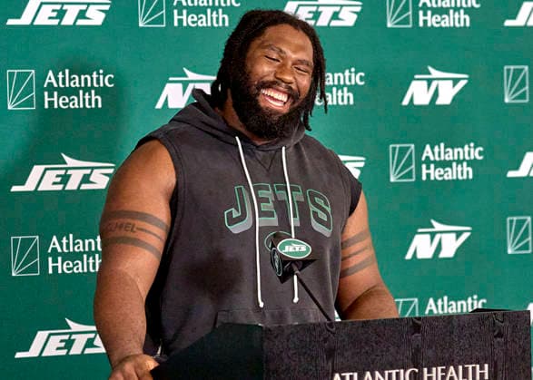 New York Jets defensive linemen Jowon Briggs (91) during press conference, PK, Pressekonferenz at training camp at the Atlantic Health Jets Training Center, Florham Park, New Jersey. CSM NFL, American Football Herren, USA 2026: NY Jets Training Camp JUL 30  - ZUMAc04_ 20260730_zma_c04_059 Copyright: xDuncanxWilliamsx