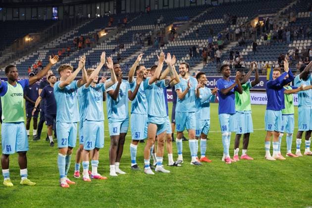 Gent s player celebrate after winning a soccer game between Belgian KAA Gent and Ukrainian FC LNZ Cherkasy, Thursday 30 July 2026 in Gent, the return leg of the second qualifying round for the UEFA Conference League. The first leg ended in a 0-0 draw. KURTxDESPLENTER  x182429455x