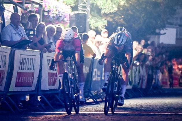 Belgian Jasper Philipsen of Alpecin-Premier Tech and Belgian Tim Merlier of Soudal Quick-Step sprint for the finish of the Natourcriterium Herentals cycling race, Thursday 30 July 2026 in Herentals. The contest is a part of the traditional criteriums , local races in which mainly cyclists who rode the Tour de France compete. ELIASxROM  x182429456x