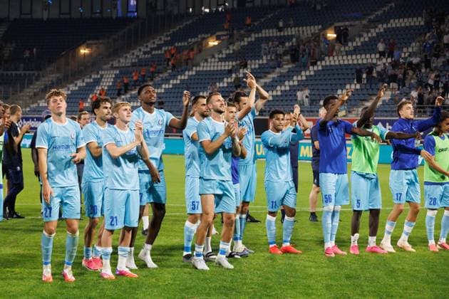 Gent s player celebrate after winning a soccer game between Belgian KAA Gent and Ukrainian FC LNZ Cherkasy, Thursday 30 July 2026 in Gent, the return leg of the second qualifying round for the UEFA Conference League. The first leg ended in a 0-0 draw. KURTxDESPLENTER  x182429457x