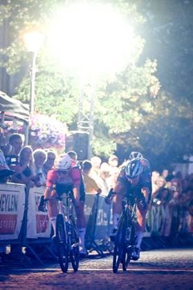 Belgian Jasper Philipsen of Alpecin-Premier Tech and Belgian Tim Merlier of Soudal Quick-Step sprint for the finish of the Natourcriterium Herentals cycling race, Thursday 30 July 2026 in Herentals. The contest is a part of the traditional criteriums , local races in which mainly cyclists who rode the Tour de France compete. ELIASxROM  x182429458x