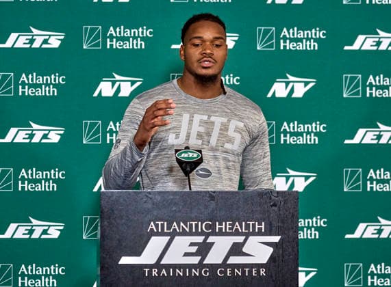 NFL, American Football Herren, USA 2026: NY Jets Training Camp JUL 30 New York Jets offensive linebacker Jamien Sherwood (44) during press conference, PK, Pressekonferenz at training camp at the Atlantic Health Jets Training Center, Florham Park, New Jersey. Duncan Williams CSM (Credit Image: Duncan Williams Cal Media) Florham Park New Jersey United States EDITORIAL USE ONLY Copyright: xx ZUMA-20260730_zma_c04_040.jpg DuncanxWilliamsx csmphotothree507163