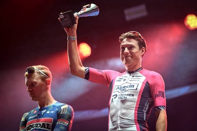 Belgian Tim Merlier of Soudal Quick-Step and Belgian Jasper Philipsen of Alpecin-Premier Tech pictured on the podium after the Natourcriterium Herentals cycling race, Thursday 30 July 2026 in Herentals. The contest is a part of the traditional criteriums , local races in which mainly cyclists who rode the Tour de France compete. ELIASxROM  x182429474x