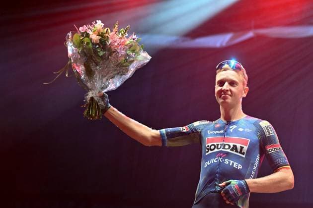 Belgian Tim Merlier of Soudal Quick-Step pictured on the podium after the Natourcriterium Herentals cycling race, Thursday 30 July 2026 in Herentals. The contest is a part of the traditional criteriums , local races in which mainly cyclists who rode the Tour de France compete. ELIASxROM  x182429486x