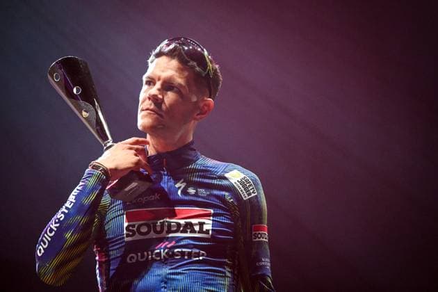 Belgian Jasper Stuyven of Soudal Quick-Step pictured on the podium after the Natourcriterium Herentals cycling race, Thursday 30 July 2026 in Herentals. The contest is a part of the traditional criteriums , local races in which mainly cyclists who rode the Tour de France compete. ELIASxROM  x182429749x