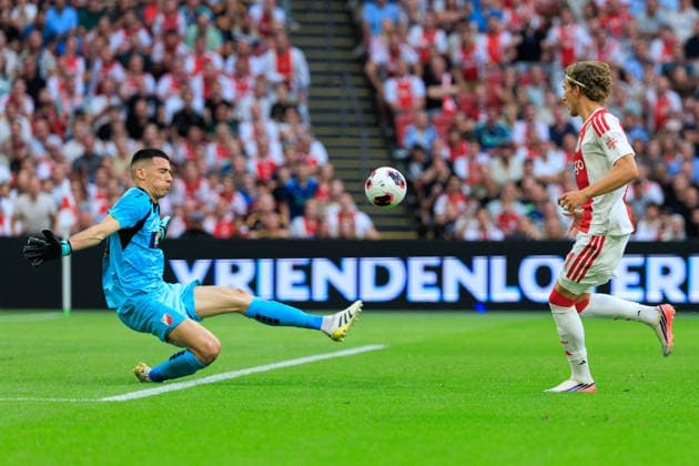 AFC Ajax v FK Vojvodina - UEFA Conference League AMSTERDAM, NETHERLANDS - JULY 30: Mika Godts of AFC Ajax and Djordje Crnomarkovic of FK Vojvodina during the UEFA Conference League match between AFC Ajax and FK Vojvodina at Johan Cruijff Arena on July 30, 2026 in Amsterdam, Netherlands. Amsterdam Johan Cruijff Arena Netherlands Content not available for redistribution in The Netherlands directly or indirectly through any third parties. Copyright: xMarcelxvanxPlateringenx