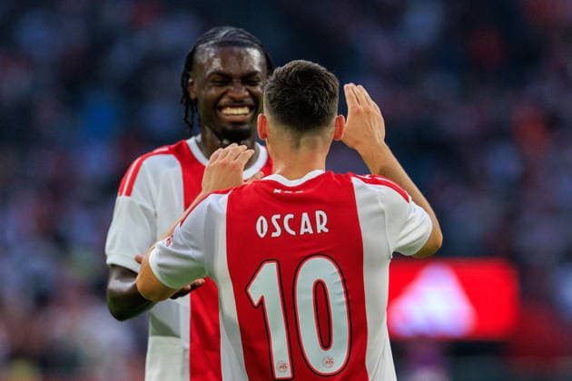 AFC Ajax v FK Vojvodina - UEFA Conference League AMSTERDAM, NETHERLANDS - JULY 30: Jorthy Mokio and Oscar Gloukh of AFC Ajax during the UEFA Conference League match between AFC Ajax and FK Vojvodina at Johan Cruijff Arena on July 30, 2026 in Amsterdam, Netherlands. Amsterdam Johan Cruijff Arena Netherlands Content not available for redistribution in The Netherlands directly or indirectly through any third parties. Copyright: xMarcelxvanxPlateringenx