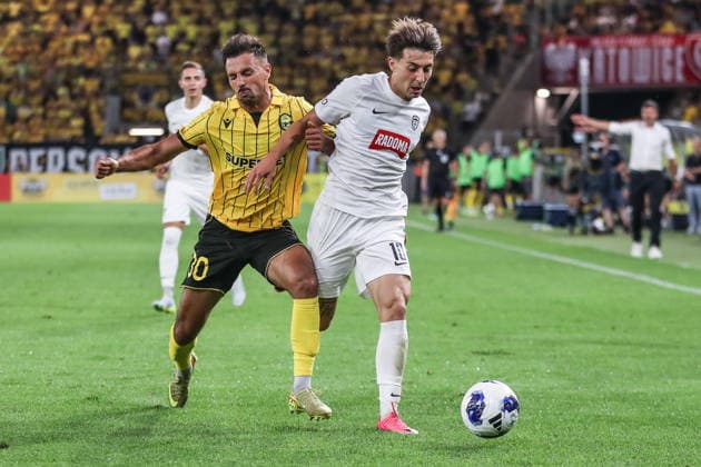 Katowice 30.07.2026. Pilka nozna Liga Konferencji UEFA sezon 2025 2026 runda 2 mecz: GKS Katowice - MSK Zilina --- Football UEFA Conference League season 2025 2026 round 2 match: GKS Katowice - MSK Zilina nz Alan Czerwinski, Andrei Florea Fot. Kacper Staniec NEWSPIX.PL --- newspix.pl POLAND OUT! 