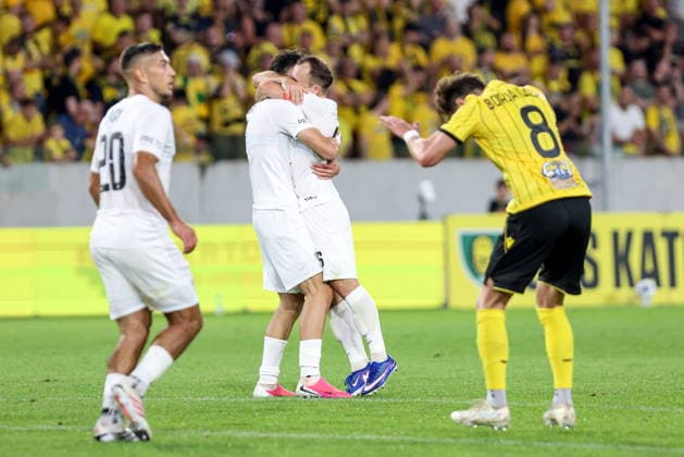 30.07.2026, Katowice Liga Konferencji UEFA sezon 2026 27 runda II kwalifikacji, GKS Katowice - MSK Zilina - UEFA Conference League football Match season 2026 27 round II qualification GKS Katowice - MSK Zilina Nz. Frantisek Kosa Miroslav Kacer radosc MSK Fot. Michal Chwieduk Arena Akcji NEWSPIX.PL --- newspix.pl POLAND OUT! 