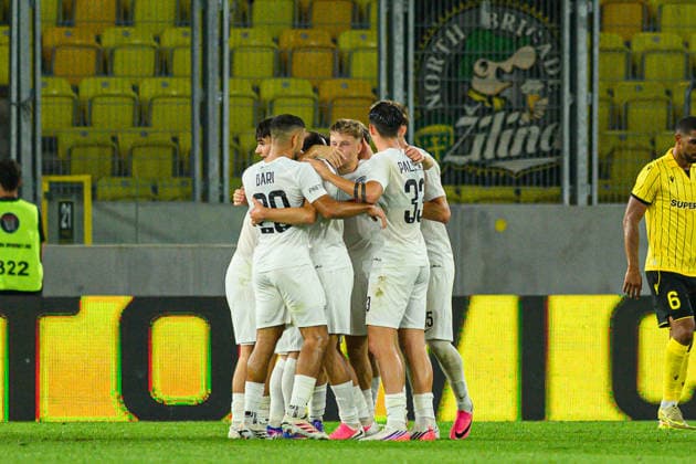 Frantisek Kosa seen celebrating goal with his teammates during UEFA Conference League 2026 27 2nd qualifying round 2nd leg match between teams of GKS Katowice and MSK Zilina in Katowice, Poland (Tomasz Karczewski Ball Raw Images) Katowice Arena Katowice Poland Copyright: xTomaszxKarczewskix tomaszkarczewski_gks_zilina_2627_TK1_8237