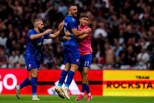 AMSTERDAM, NETHERLANDS - JULY 30: Djordje Crnomarkovic of FK Vojvodina and Milan Kolarevic of FK Vojvodina celebrate their team s first goal during the UEFA Conference League 2026 27 second qualifying round second leg match between AFC Ajax and at Johan Cruijff Arena on July 30, 2026 in Amsterdam, Netherlands.  Copyright: xRenexNijhuis MBxMediax