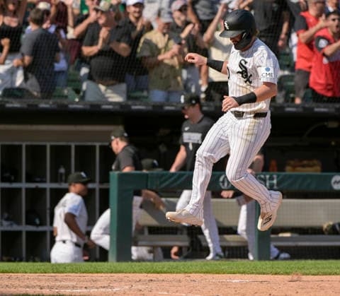 Chicago White Sox Chase Meidroth (10) leaps onto home plate to score the winning run on a walk-off-walk by Tristan Peters to defeat the New York Yankees in eleven innings 2-1 at Rate Field in Chicago, IL on Thursday, July 30, 2026.  CHI20260730109 MARKxBLACK