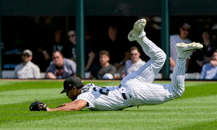 Chicago White Sox right fielder Braden Montgomery (24) makes a driving catch for the out New York Yankees Ryan McMahon during the seventh inning at Rate Field in Chicago, IL on Thursday, July 30, 2026. The White Sox defeated the Yankees 2-1.  CHI20260730119 MARKxBLACK
