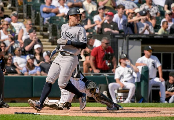 New York Yankees Anthony Volpe (11) scores on a single by Trent Grisham in the tenth inning against the Chicago White Sox at Rate Field in Chicago, IL on Thursday, July 30, 2026. The White Sox defeated the Yankees 2-1.  CHI20260730130 MARKxBLACK