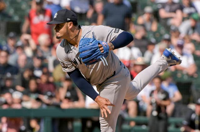 New York Yankees pitcher Fernando Cruz (63) throws against the Chicago White Sox during the tenth inning at Rate Field in Chicago, IL on Thursday, July 30, 2026. The White Sox defeated the Yankees 2-1.  CHI20260730136 MARKxBLACK