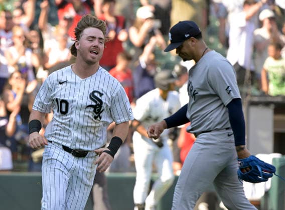 Chicago White Sox Chase Meidroth (10) celebrates scoring the winning run on a walk-off-walk by Tristan Peters, running past New York Yankees pitcher Fernando Cruz (63), to defeat the New York Yankees in eleven innings 2-1 at Rate Field in Chicago, IL on Thursday, July 30, 2026.  CHI20260730111 MARKxBLACK