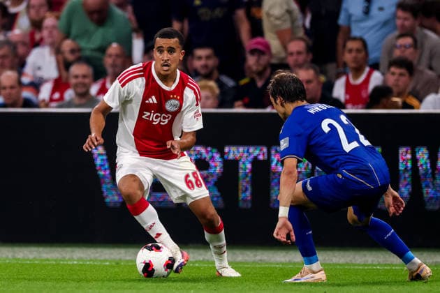 AMSTERDAM, NETHERLANDS - JULY 30: Abdellah Ouazane of AFC Ajax dribbles with the ball during the UEFA Conference League 2026 27 second qualifying round second leg match between AFC Ajax and at Johan Cruijff Arena on July 30, 2026 in Amsterdam, Netherlands.  Copyright: xRenexNijhuis MBxMediax