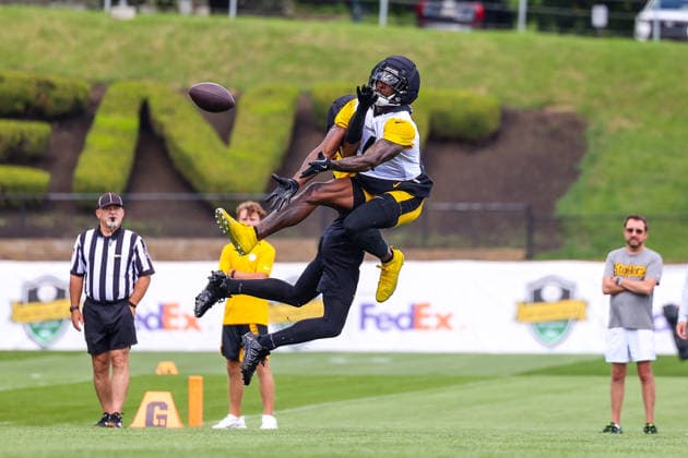 July 30, 2026, Latrobe, Pennsylvania, USA: Pittsburgh Steelers wide receiver DK METCALF (4) makes a leaping touchdown catch during the Pittsburgh Steelers Training Camp in Latrobe, Pennsylvania. NFL, American Football Herren, USA 2026: Pittsburgh Steelers Training Camp  - ZUMAg257 20260730_zsp_g257_009 Copyright: xBrentxGudenschwagerx