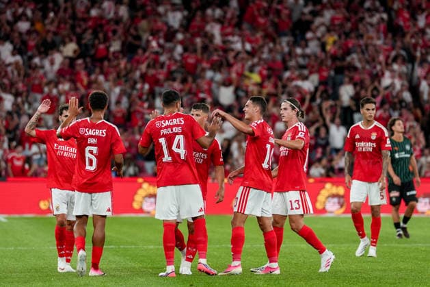 Fussball, UEFA Europa League Qualifikation: SL Benfica vs. FC St. Gallen 1879, Donnerstag, 30.07.2026 (Estadio da Luz, Lissabon, Portugal); Torjubel durch SL Benfica nach anerkanntem Tor, Evangelos Pavlidis (14, SL Benfica) *** Soccer, UEFA Europa League Qualifying: SL Benfica vs. FC St. Gallen 1879, Thursday, July 30, 2026, Estadio da Luz, Lisbon, Portugal. SL Benfica celebrates after a goal is awarded; Evangelos Pavlidis, 14, SL Benfica Copyright: xValentinxDomgjonix
