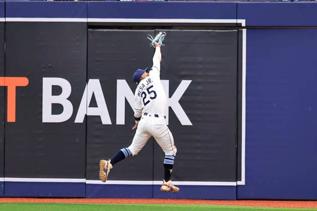 July 30, 2026, St. Petersburg, Florida, USA: Tampa Bay Rays right fielder Victor Mesa Jr. (25) catches a fly ball off the bat of Texas Rangers pinch hitter Evan Carter (32) during an MLB, Baseball Herren, USA game on July 30, 2026 at Tropicana Field. The Rays beat the Rangers 3-2 and won the series. MLB 2026: Tampa Bay Rays 3 : 2 Texas Rangers  - ZUMAh180 20260730_zsp_h180_048 Copyright: xKimxHukarix