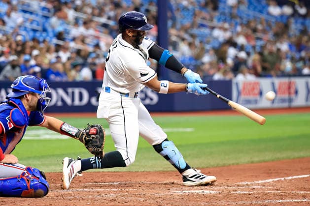 July 30, 2026, St. Petersburg, Florida, USA: Tampa Bay Rays designated hitter Yandy DoÂ­az (2) flies out to Texas Rangers center fielder Cam Cauley (27) during an MLB, Baseball Herren, USA game on July 30, 2026 at Tropicana Field. The Rays beat the Rangers 3-2 and won the series. MLB 2026: Tampa Bay Rays 3 : 2 Texas Rangers  - ZUMAh180 20260730_zsp_h180_066 Copyright: xKimxHukarix