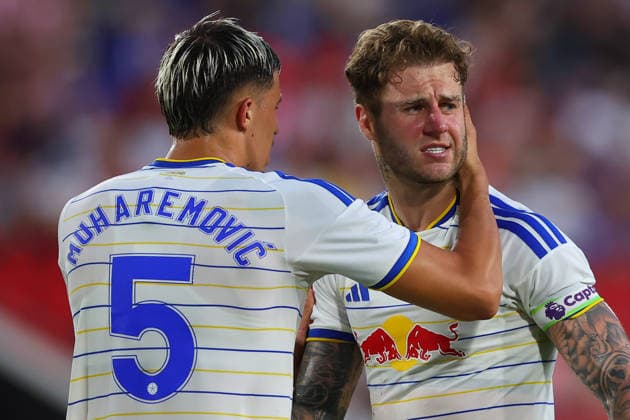 HARRISON, NJ - JULY 30: Joe Rodon 6 of Leeds United FC reacts during the game against Sunderland AFC on July 30, 2026 at Sports Illustrated Stadium in Harrison, New Jersey. (Photo by Rich Graessle Icon Sportswire) SOCCER: JUL 30 Leeds United v Sunderland AFC EDITORIAL USE ONLY Icon260723029590