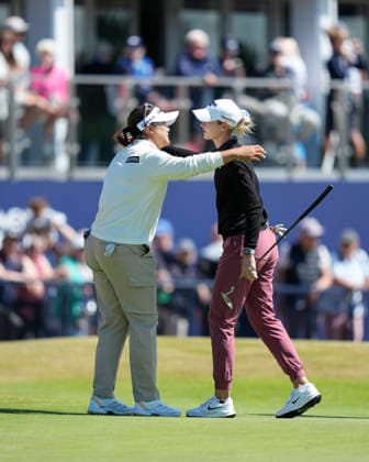 LYTHAM, ENGLAND - JULY 30: Haeran Ryu (KOR) hugs Nelly Korda (USA) after their round during Round 1 at the 50th AIG Women™s Open Championship at the Royal Lytham and St Anne™s Golf Club, Lytham on July 30, 2026 in Lancashire, England The 50th AIG Women™s Open Championship