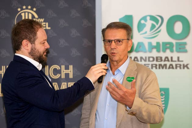 HANDBALL - HBL, Kiel, training camp GRAZ,AUSTRIA,31.JUL.26 - HANDBALL - HBL Handball-Bundesliga, THW Kiel, press conference, PK, Pressekonferenz Image shows host Philipp Jocham and vice president Prettenthaler (STHV).  GEPAxpictures xMarioxBuehner-Weinrauch