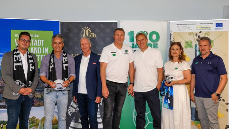 HANDBALL - HBL, Kiel, training camp GRAZ,AUSTRIA,31.JUL.26 - HANDBALL - HBL Handball-Bundesliga, THW Kiel, press conference, PK, Pressekonferenz Image shows member of state parliament Gerhard Hirschmann (Styria), sports councilor Kurt Hohensinner (TV Region Graz), president Gerhard Widmann (ASKOE), Dietmar Peissl (STHV), managing director Markus Pichler (Sportunion), managing director Susanne Haubenhofer (Graz) and managing director Michael Feiertag (Steiermark Tourismus).  GEPAxpictures xMarioxBuehner-Weinrauch