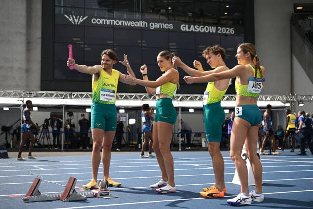 COM26 ATHLETICS, (L-R) Luke Van Ratingen, Mia Gross, Cooper Sherman and Jemma Pollard of Australia prepare to compete in the Mixed 4x400m Relay Heats during the Glasgow 2026 Commonwealth Games at Scotstoun Stadium in Glasgow, Scotland, Friday, July 31, 2026. ( NO ARCHIVING, EDITORIAL USE ONLY Glasgow United Kingdom  Copyright: xJOELxCARRETTx 20260731189680763381