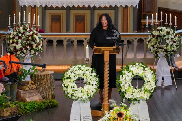 Funeral for rower Olaf Tufte Horten 20260731. Minister of Culture and Equality Lubna Jaffery gives a memorial speech during the funeral service of Olympic and World rowing champion Olaf Tufte, in Horten Church. Tufte died from a heart attack on 21 July, at the age of 50. He retired after the Tokyo Olympics in 2021, closing an elite international career lasting 26 seasons. Photo: Terje Bendiksby NTB POOL Horten Norway EDITORIAL USE ONLY. RESTRICTED USE FOR BETTING COMPANIES Ref:_SPOpYuRGWVjolk.jpg *** Funeral for rower Olaf Tufte, Horten, July 31, 2026. Minister of Culture and Equality Lubna Jaffery delivers a eulogy during the funeral service for Olympic and World rowing champion Olaf Tufte, at Horten Church. Tufte died of a heart attack on July 21, at the age of 50. He retired after the Tokyo Olympics in 2021, bringing to a close an elite international career spanning 26 seasons. Photo: Terje Bendiksby, NTB POOL, Horten, Norway. EDITORIAL USE ONLY. RESTRICTED USE FOR BETTING COMPANIES.  Copyright: xTerjexBendiksbyx xNTBx