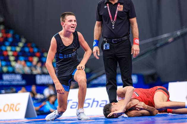U17, U 17 Wrestling World Championships 48kg FS - Bogdan Sapojnic (GER) df. Ahmed Abdalla Ahmed Ali Saleh (EGY) *** U17 Wrestling World Championships, 48 kg Freestyle: Bogdan Sapojnic (GER) def. Ahmed Abdalla Ahmed Ali Saleh (EGY) Copyright: xUnitedxWorldxWrestlingx xAmirrezx UWW-U17-WC-BAKU-2026