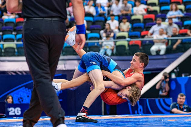 U17, U 17 Wrestling World Championships 48kg FS - Kooper Joshua Deputy (USA) df. Bogdan Sapojnic (GER) *** U17 Wrestling World Championships, 48 kg Freestyle: Kooper Joshua Deputy (USA) defeated Bogdan Sapojnic (GER) Copyright: xUnitedxWorldxWrestlingx xAmirrezx UWW-U17-WC-BAKU-2026