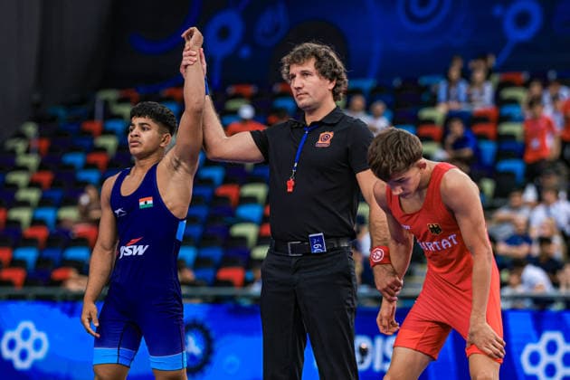 U17, U 17 Wrestling World Championships 55kg FS - Prathmesh Suryakant Patil (IND) df. Adrian Airich (GER) *** U17 Wrestling World Championships, 55kg Freestyle: Prathmesh Suryakant Patil (IND) defeated Adrian Airich (GER) by fall Copyright: xUnitedxWorldxWrestlingx xAmirrezx UWW-U17-WC-BAKU-2026