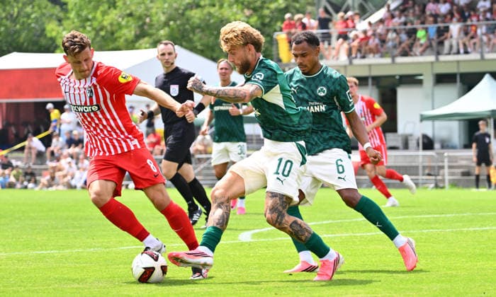 31.07.2026 - Fussball - Saison 2026 2027 - Testspiel Freundschaftsspiel Vorbereitungsspiel - SC Freiburg - SpVgg Greuther Fürth ( Kleeblatt ) - - Sportfoto Zink - xwoxzix - regulations prohibit any use of photographs as image sequences and or quasi-video - only for editorial use - Maximilian Eggestein (8, SC Freiburg ) Ole Pohlmann (10, SpVgg Greuther Fürth ) Sacha Banse Bansé (6, SpVgg Greuther Fürth ) *** July 31, 2026 Soccer Season 2026–2027 Exhibition Match Friendly Match Preseason Match SC Freiburg SpVgg Greuther Fürth Kleeblatt Sports Photo Zink xwoxzix Regulations prohibit any use of photographs as image sequences and or quasi-video; for editorial use only. Maximilian EggEinstein 8, SC Freiburg; Ole Pohlmann 10, SpVgg Greuther Fürth; Sacha Banse Bansé 6, SpVgg Greuther Fürth