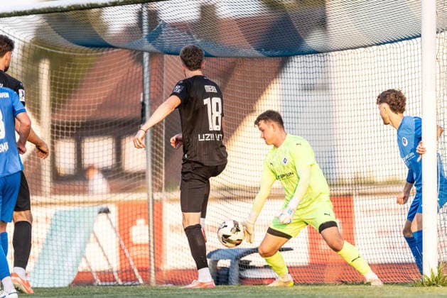 VfB Friedrichshafen vs. SSV Ulm 1846 Fußball, Fussball, Wfv-Pokal, 2. Runde, Zeppelinstadion Friedrichshafen 29.07.26 v.l. Steffen Meuer (SSV Ulm 1846 Fußball, 18), Patrick Benz (VfB Friedrichshafen, 01) VfB Friedrichshafen vs. SSV Ulm 1846 Fußball, Fussball, Wfv-Pokal, 2. Runde, Zeppelinstadion Friedrichshafen 29.07.26 Foto: Lucca Fundel Friedrichshafen Zeppelinstadion Baden-Württemberg Deutschland *** VfB Friedrichshafen vs. SSV Ulm 1846 Soccer, WfV Cup, 2nd Round, Zeppelinstadion Friedrichshafen, July 29, 2026, Referee: Steffen Meuer, SSV Ulm 1846 Soccer, 18, Patrick Benz VfB Friedrichshafen, 01 VfB Friedrichshafen vs. SSV Ulm 1846 Soccer, WfV Cup, 2nd Round, Zeppelinstadion Friedrichshafen, July 29, 2026. Photo by Lucca Fundel, Friedrichshafen, Zeppelinstadion, Baden-Württemberg, Germany