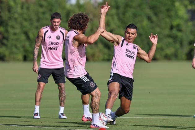 FORT LAUDERDALE, FL - JULY 31: Casimiro (5) and Maximiliano Falcon (37) of Inter Miami CF are seen during an Inter Miami Training Session at Florida Blue Training Center on July 31, 2026 in Fort Lauderdale, Florida. (Photo by Chris Arjoon Icon Sportswire) SOCCER: JULY 31 Inter Miami CF Training EDITORIAL USE ONLY Icon26073100000011